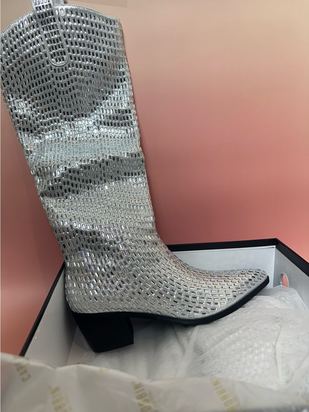Cape Robbin Sparkly Silver Sequin Over-the-Knee Block Heel Boots